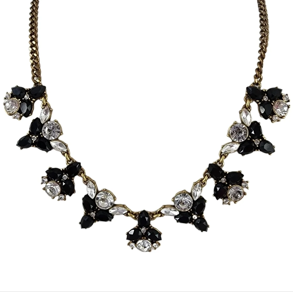 J. Crew Statement Necklace Black and Brilliant Rhinestones A0279